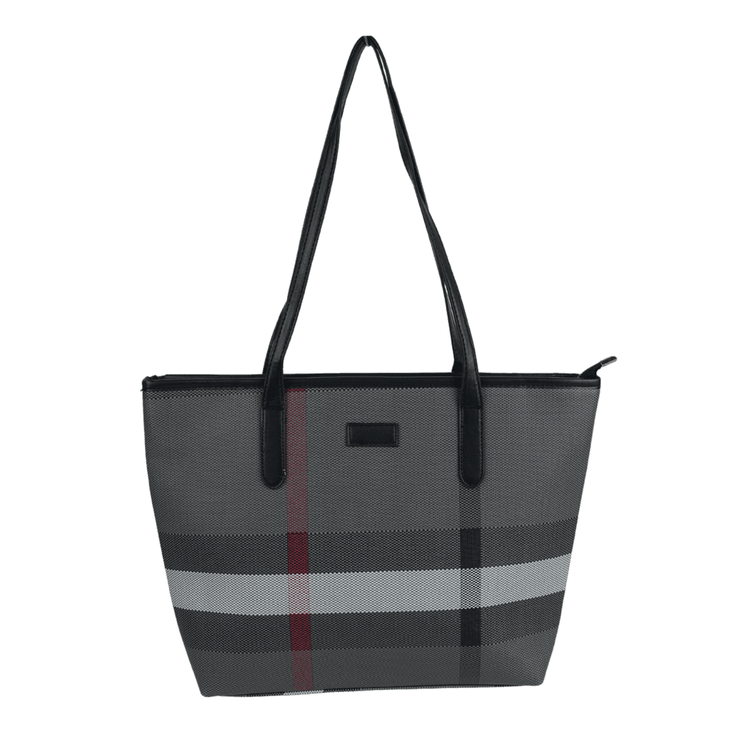Chic Grey Striped Tote Bag with Black Accents