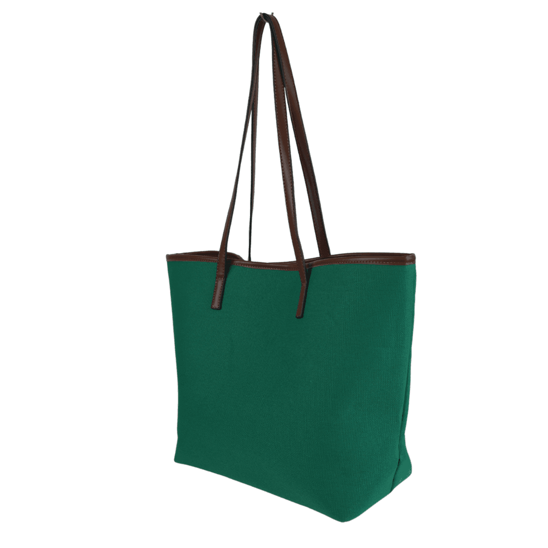 Elegant Solid Green Tote Bag with Brown Trim