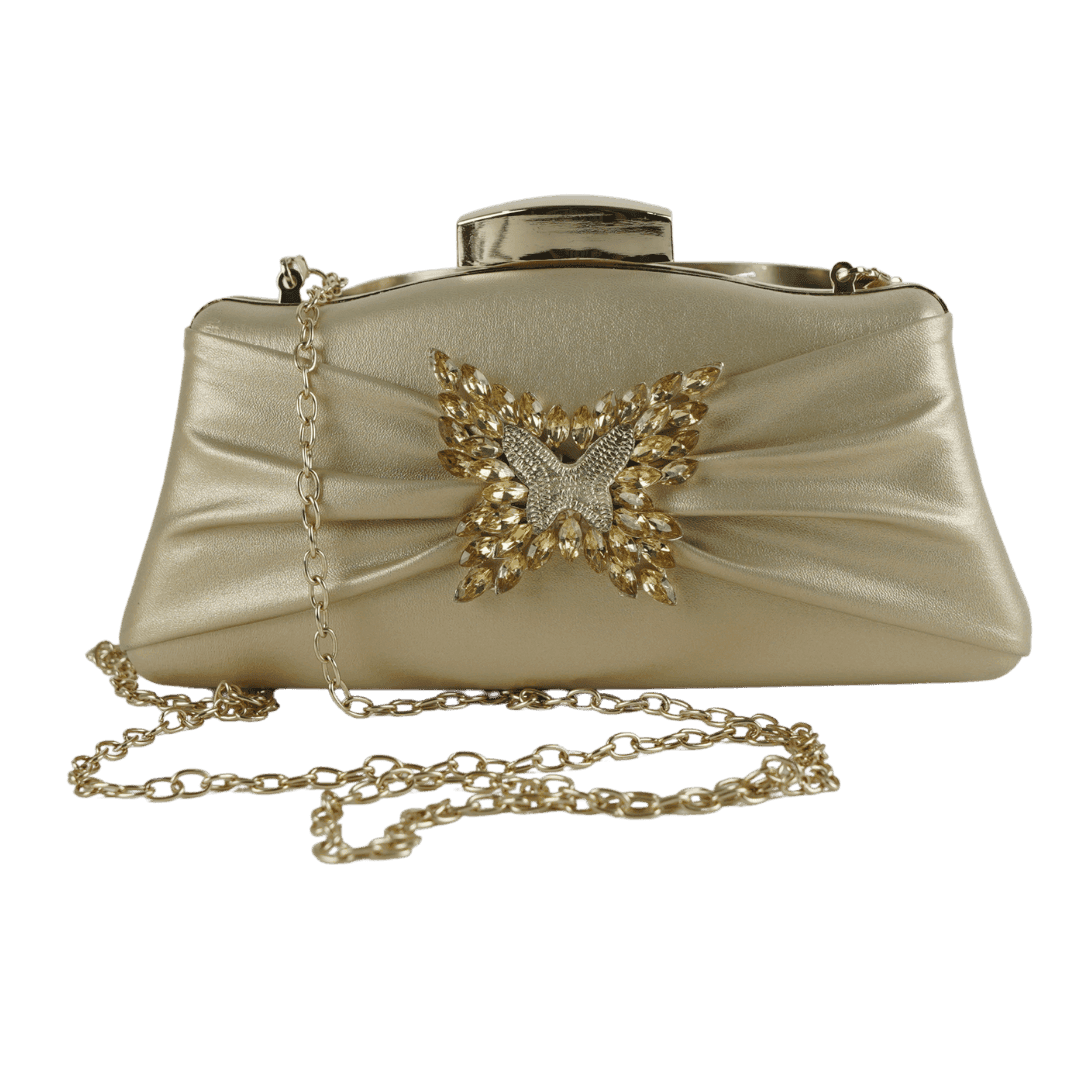 Luxurious Champagne Pleated Clutch with Butterfly Embellishment