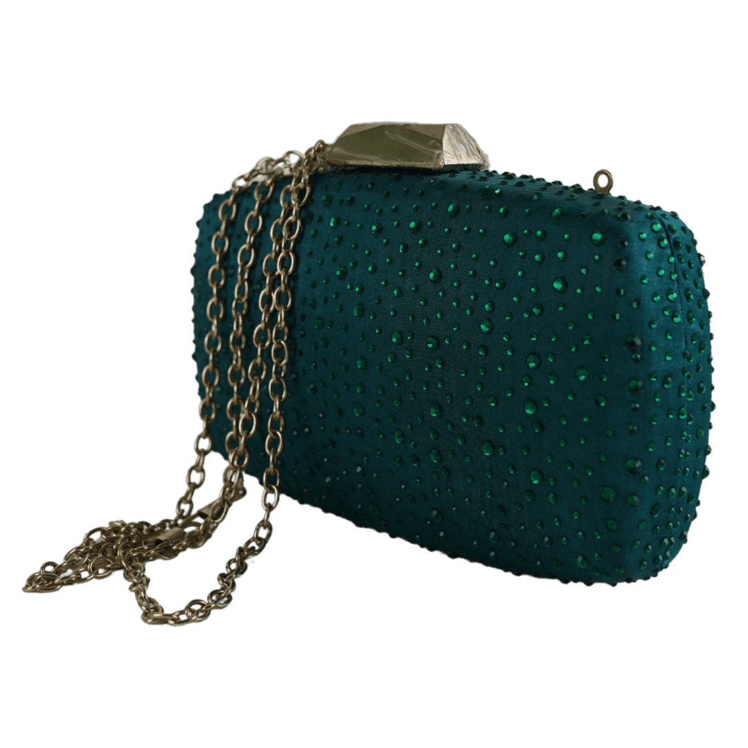 Elegant Emerald Green Crystal Studded Clutch with Chain Strap