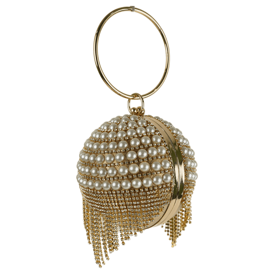 Elegant Gold Beaded Clutch with Chic Ring Handle Medium