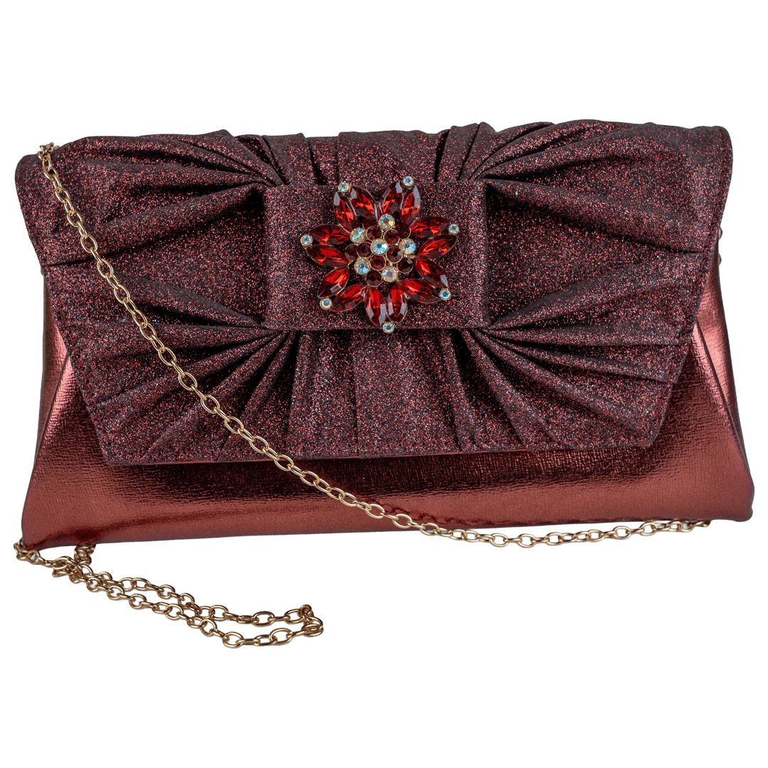 Luxurious Burgundy Pleated Clutch with Floral Jewel