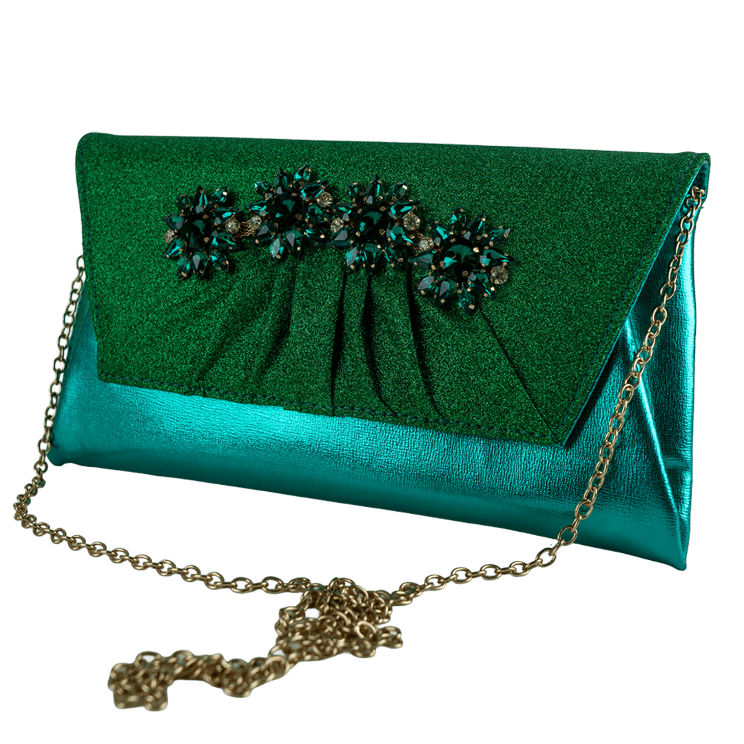 Luxurious Emerald Green Pleated Clutch with Jewel Details