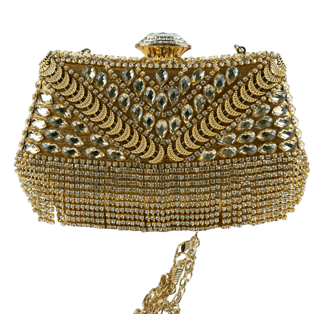 Ornate Gold Beaded Structured Clutch with Crystal Details
