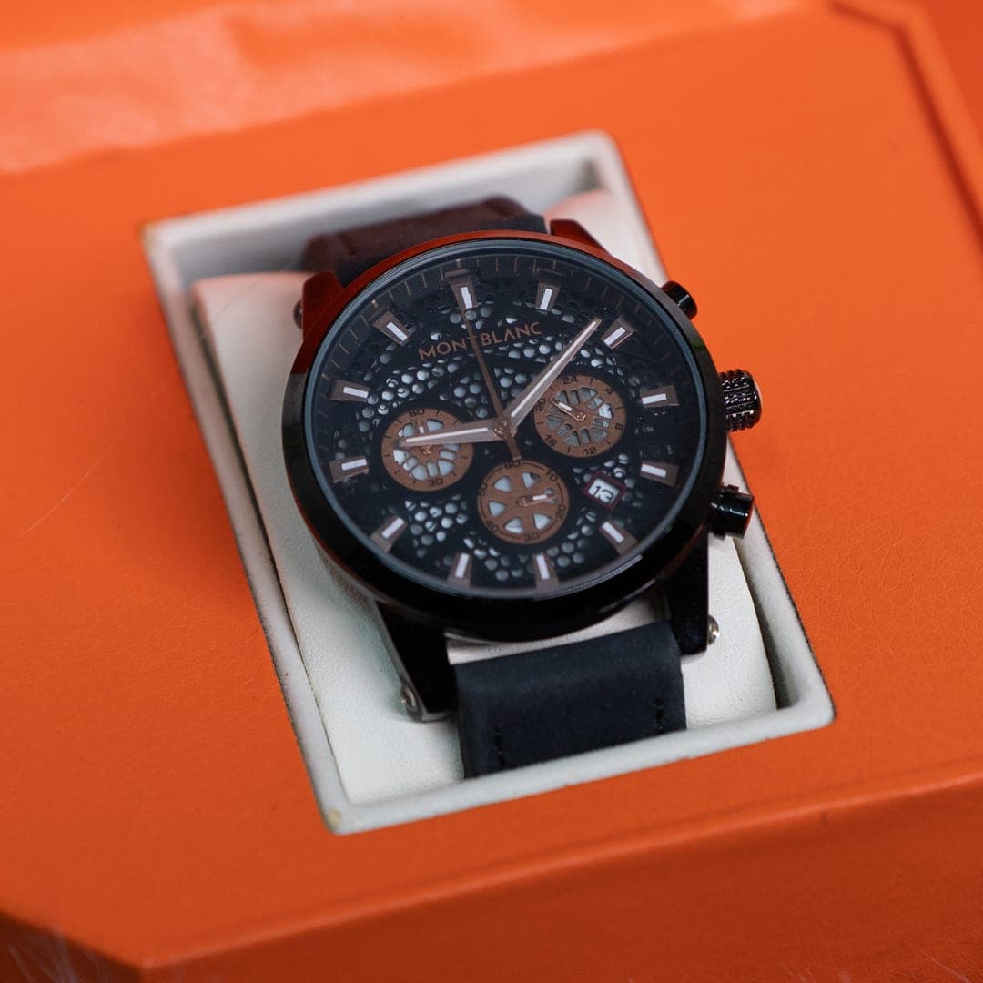 Modern Black Multi-Dial Sport Watch with Accents